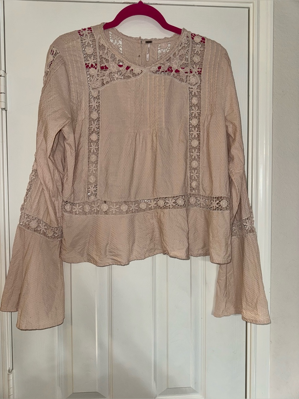 Free People Cream Lace-Inset Bell Sleeve Blouse